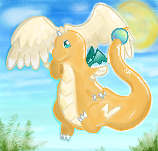 Here is a beautiful art piece of a Mega Dragonite soaring through the skies! This piece features more complex shading with a vibrant background