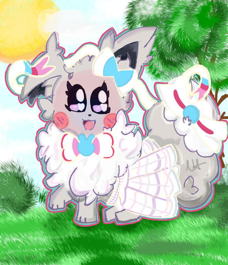 Meet VeeVee, the Shiny Eevee! Here is an example of an art piece with full color, simple shading, colored lineart, and a simple, scenic background