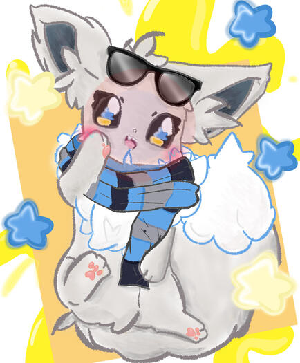 This is a drawing of a shiny Eevee dressed in Umbreon attire. This piece features some more soft, flat colors with some extra flair!